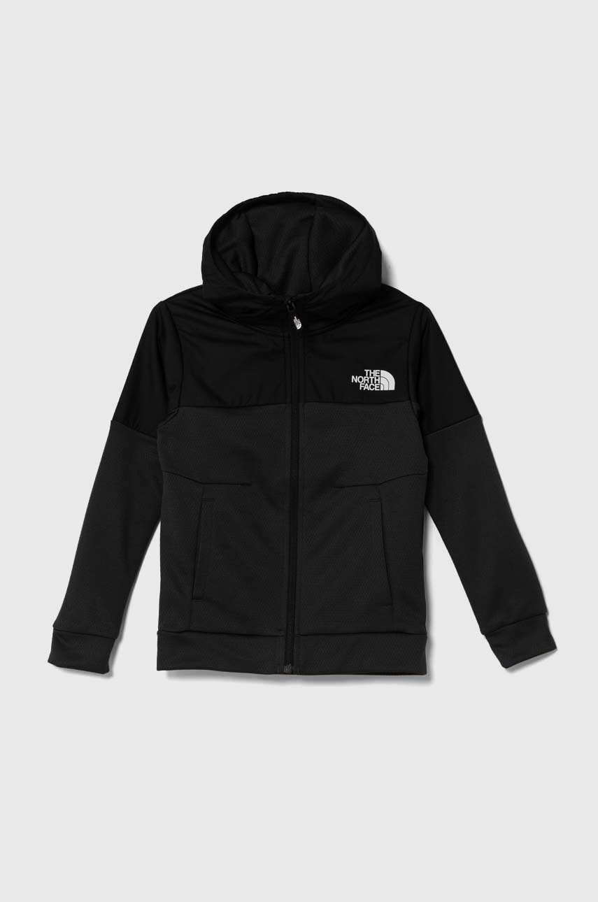 Levně Dětská mikina The North Face MOUNTAIN ATHLETICS FULL ZIP HOODIE černá barva, s kapucí, s potiskem