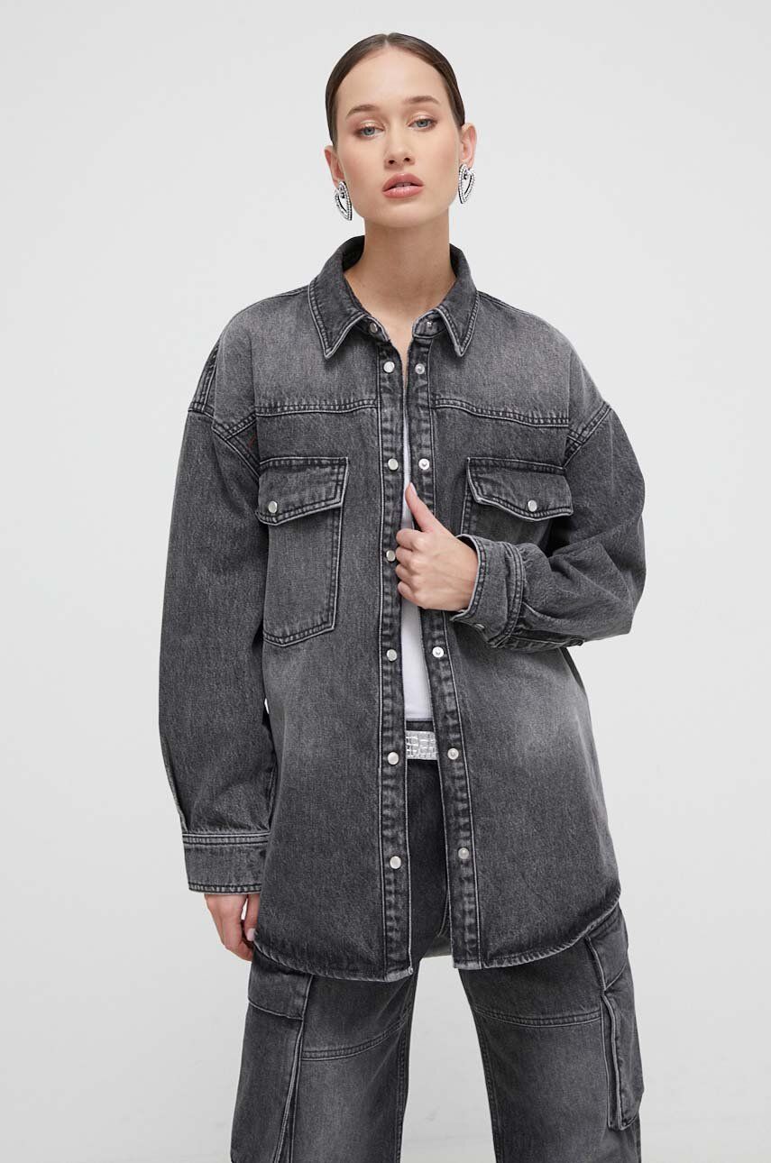 Džínová bunda HUGO dámská, šedá barva, přechodná, oversize, 50508975