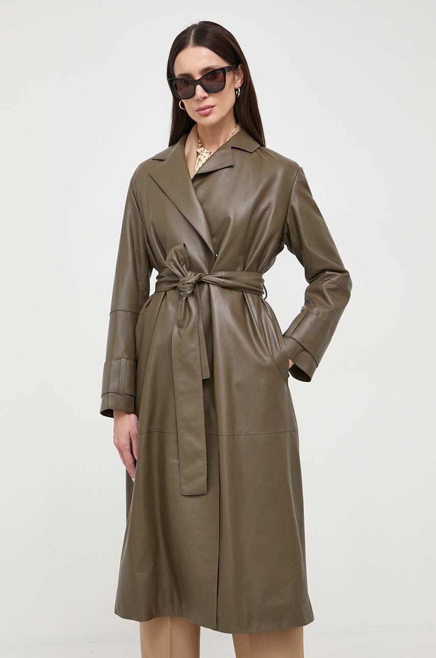 Levně Kožený kabát BOSS dámský, hnědá barva, přechodný, 50505512