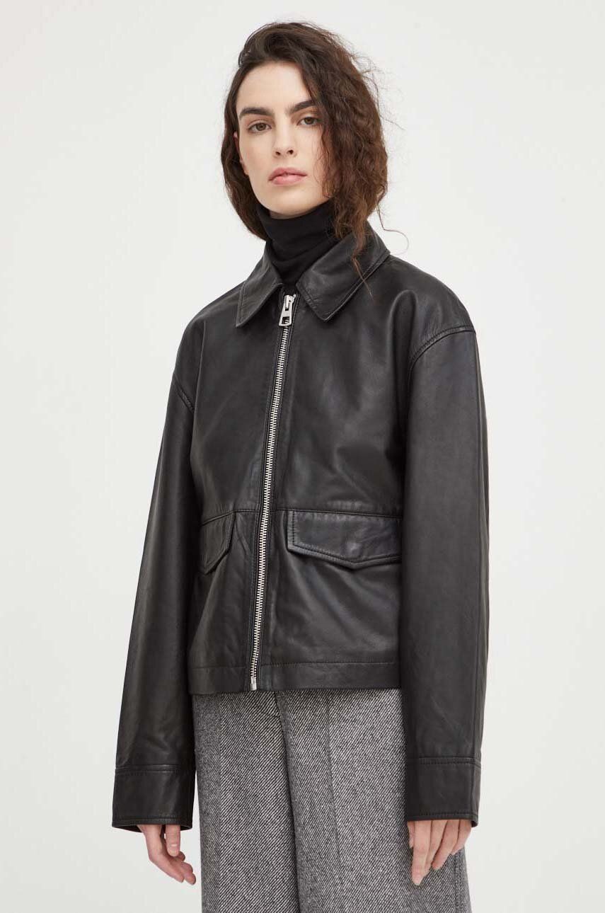 E-shop Kožená bunda Marc O'Polo dámská, černá barva, přechodná