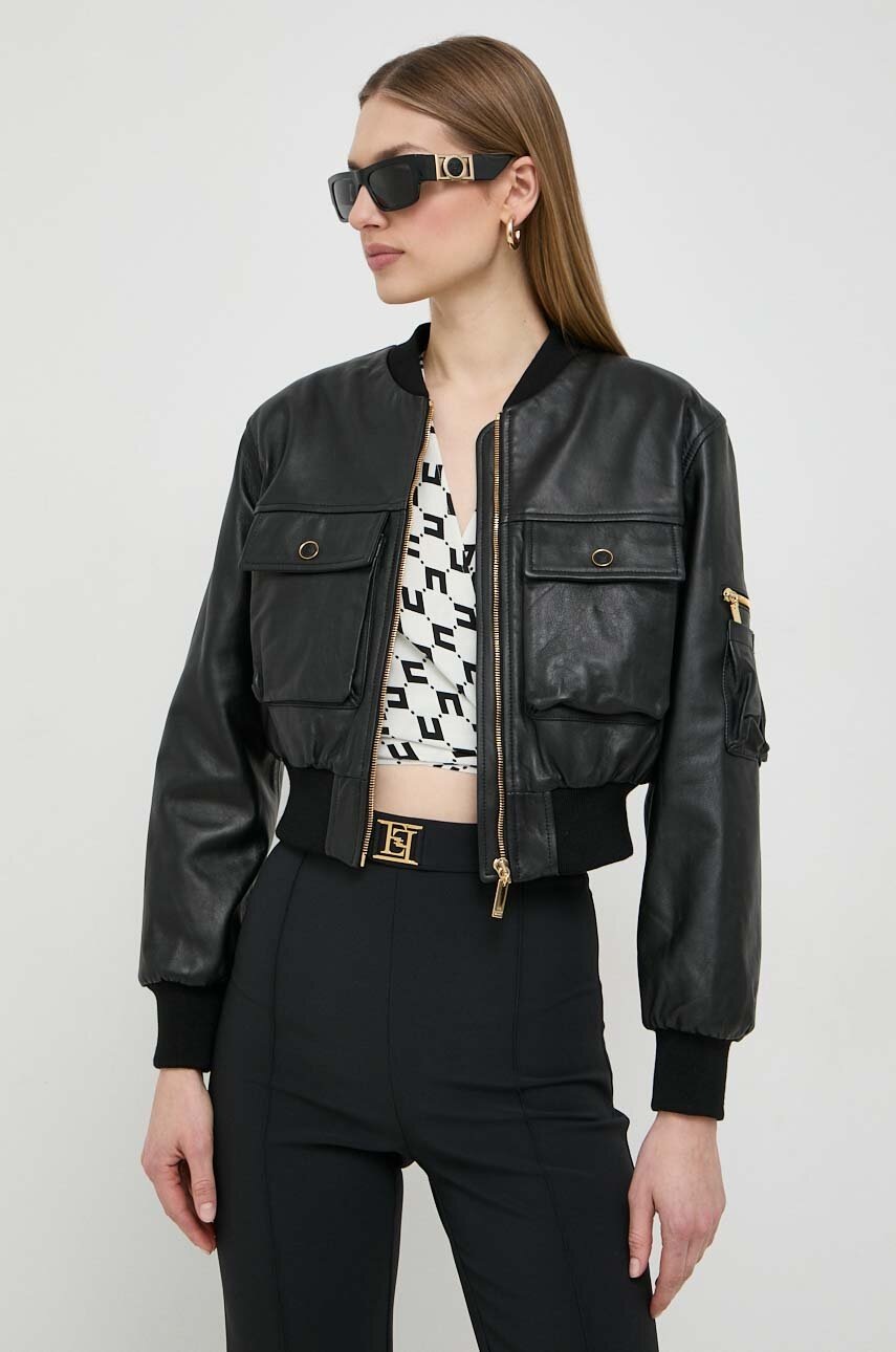 Elisabetta Franchi geaca bomber de piele femei, culoarea negru, de tranzitie