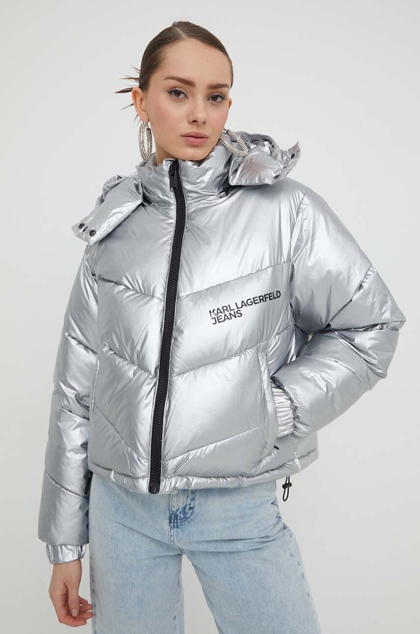 Karl Lagerfeld Jeans geaca femei, culoarea argintiu, de iarna