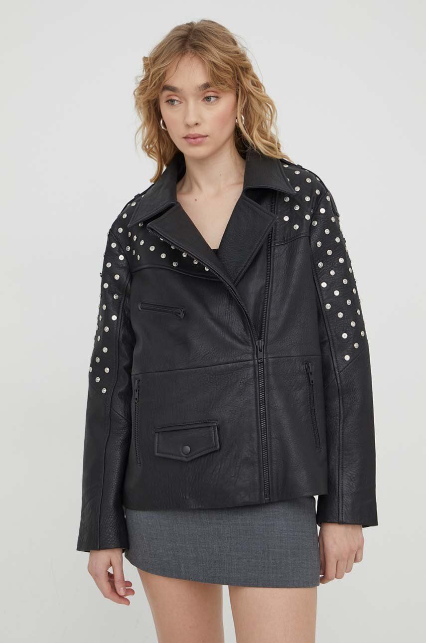 Levně Kožená bunda Bruuns Bazaar dámská, černá barva, přechodná, oversize