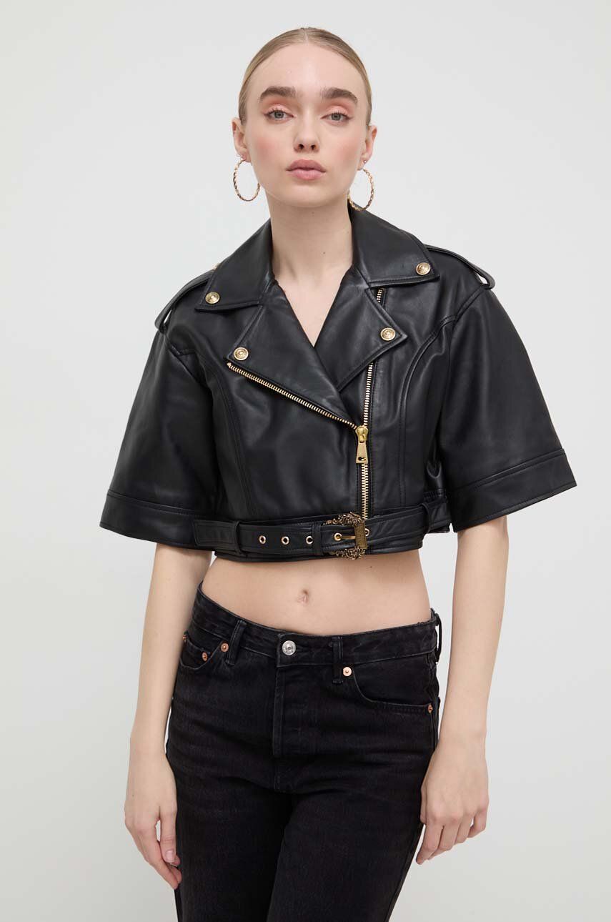 Kožená bunda Versace Jeans Couture dámska, čierna farba, prechodná