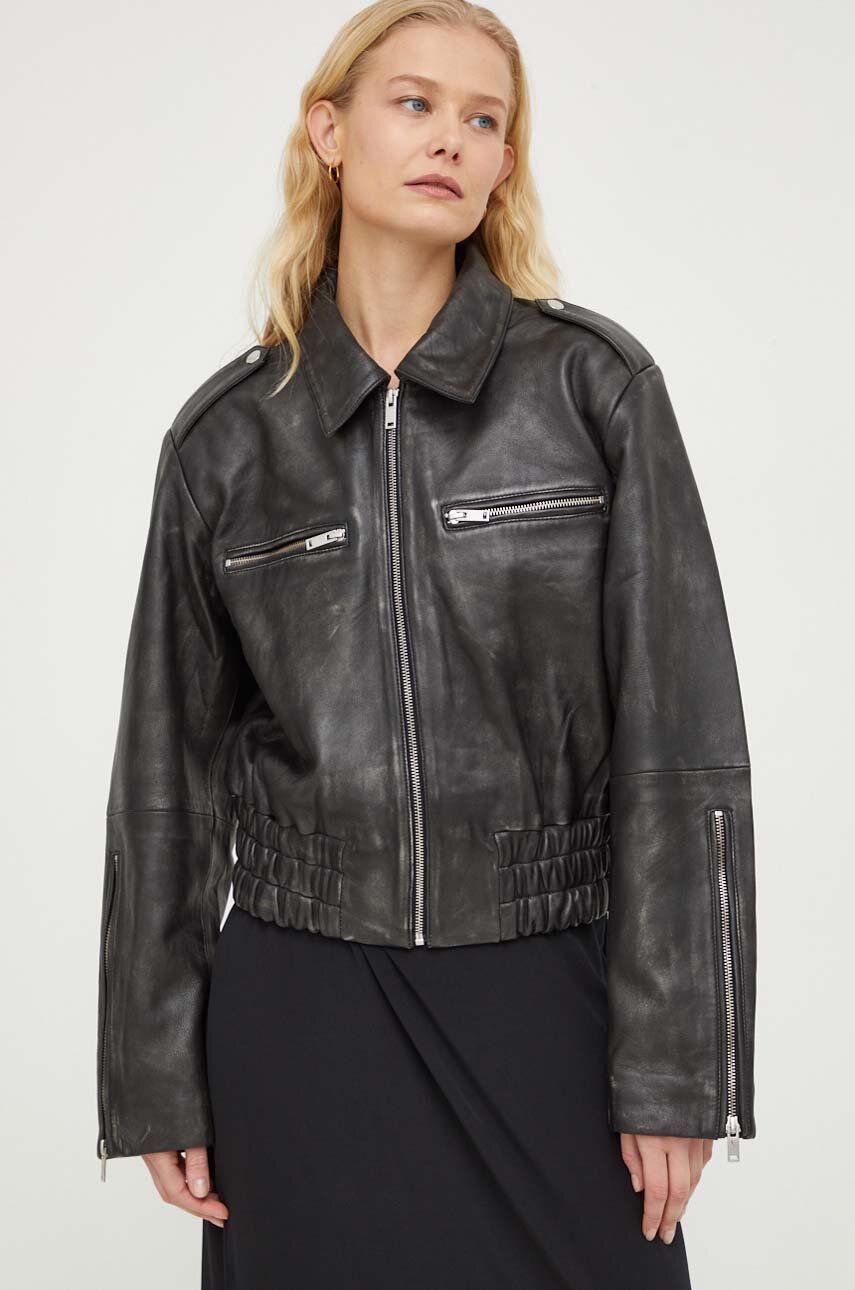 E-shop Kožená bunda Gestuz dámská, černá barva, přechodná