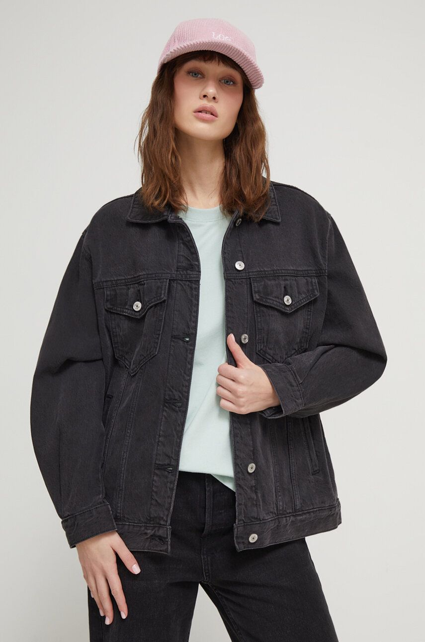 Abercrombie & Fitch geaca jeans femei, culoarea negru, de tranzitie, oversize