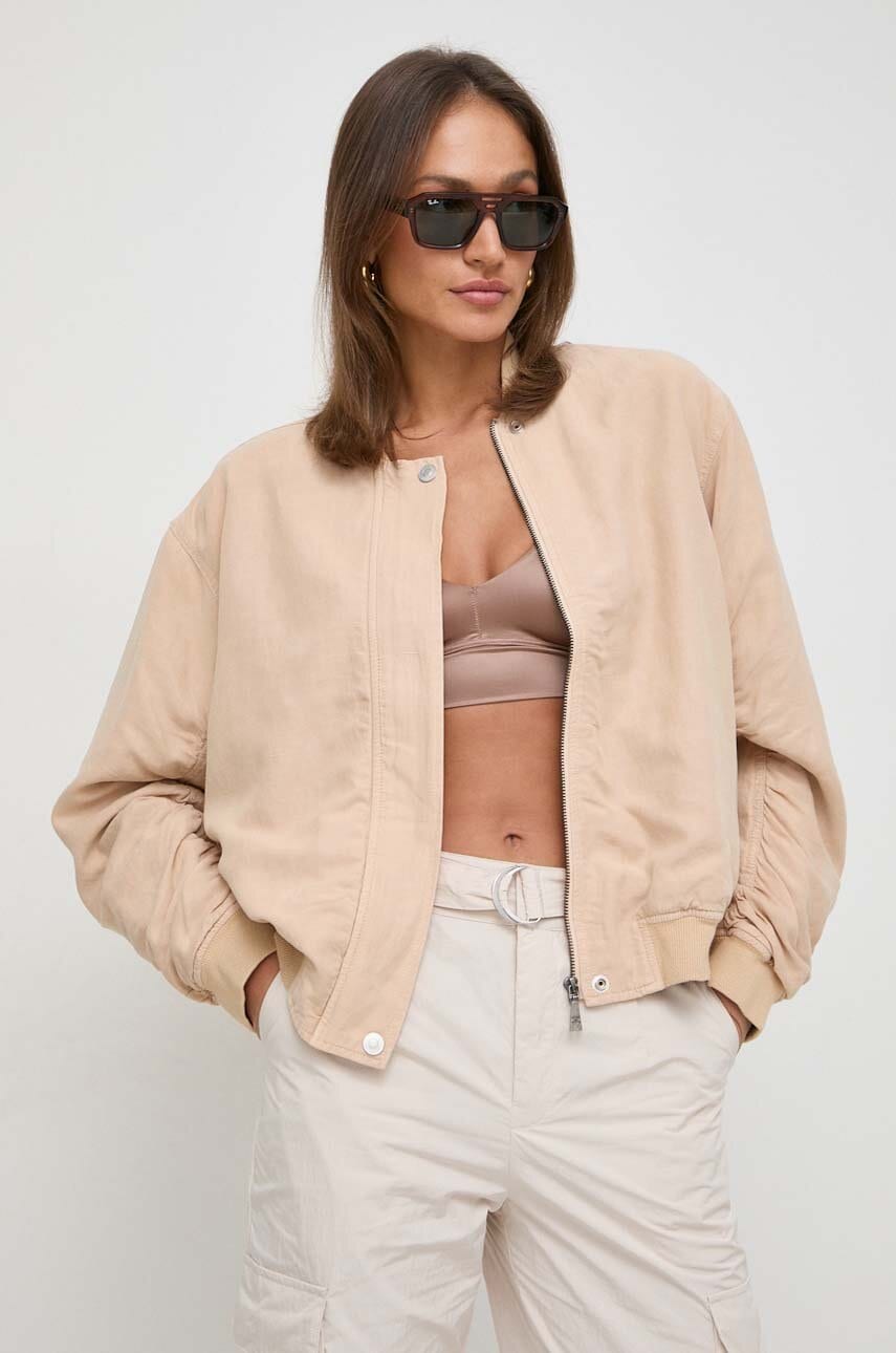 Levně Bomber bunda s příměsí lnu Guess ODESSA béžová barva, W4GN56 WG8N0