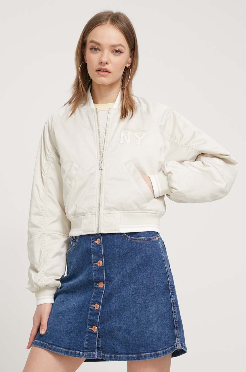 Tommy Jeans geaca bomber femei, culoarea bej, de iarna, oversize