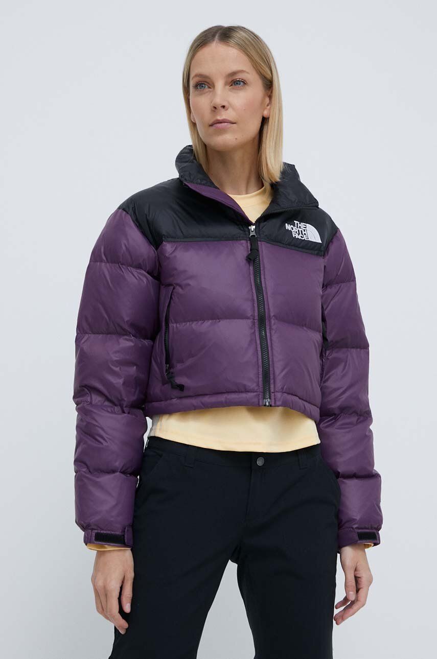 The North Face geaca de puf NUPTSE SHORT femei, culoarea violet, de iarna