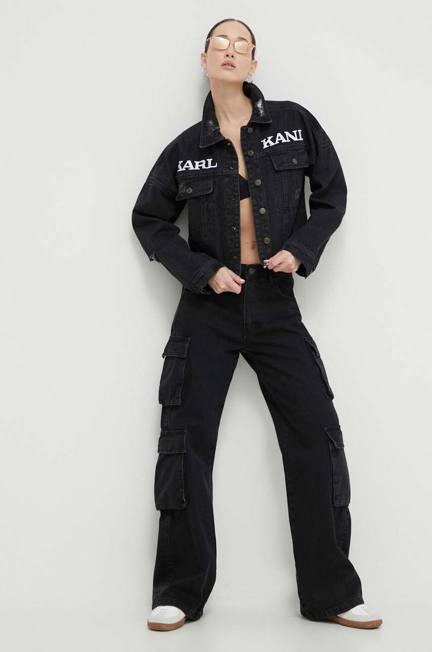 Karl Kani geaca jeans femei, culoarea negru, de tranzitie, oversize