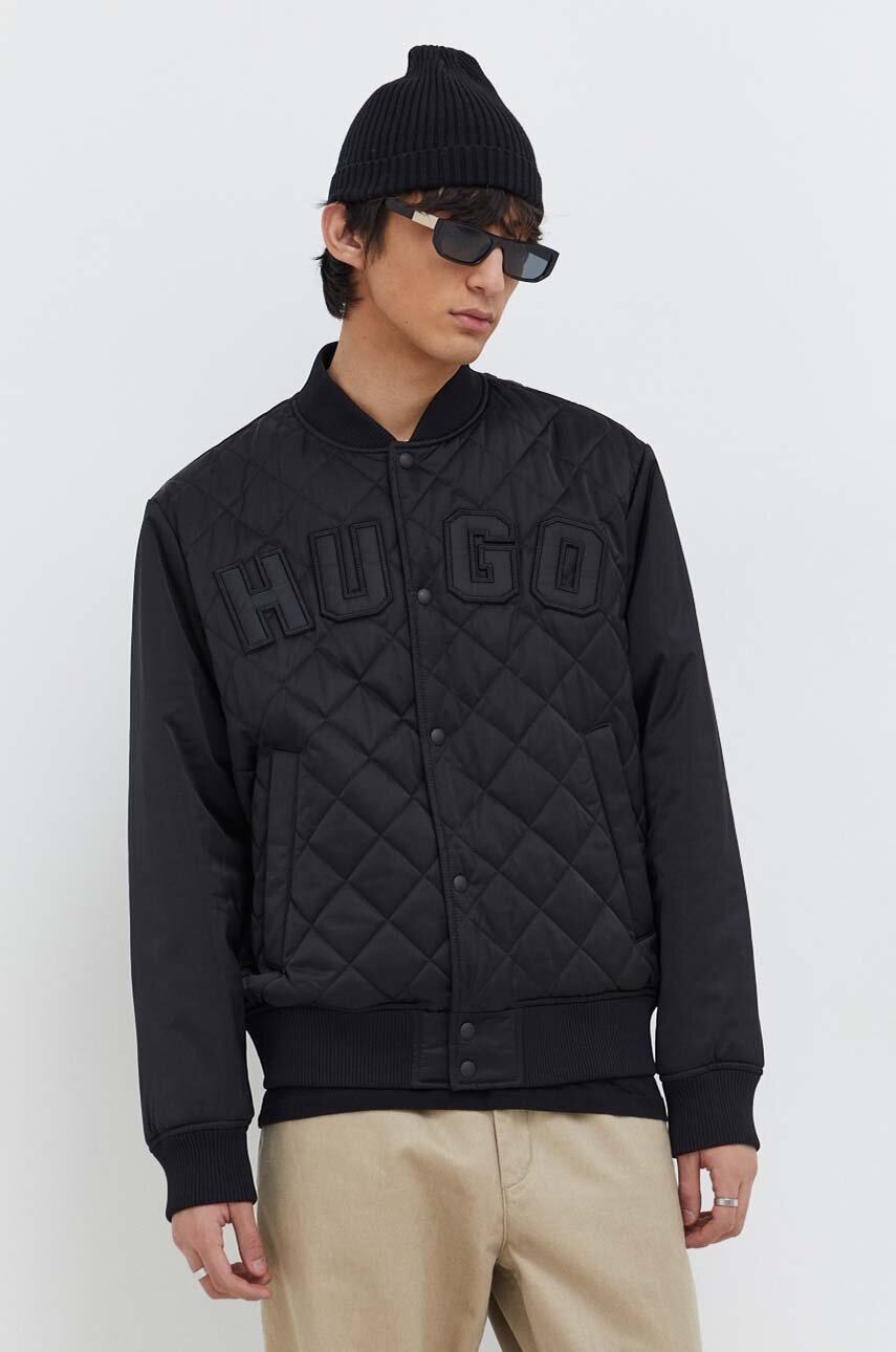 HUGO geaca bomber barbati, culoarea negru, de tranzitie