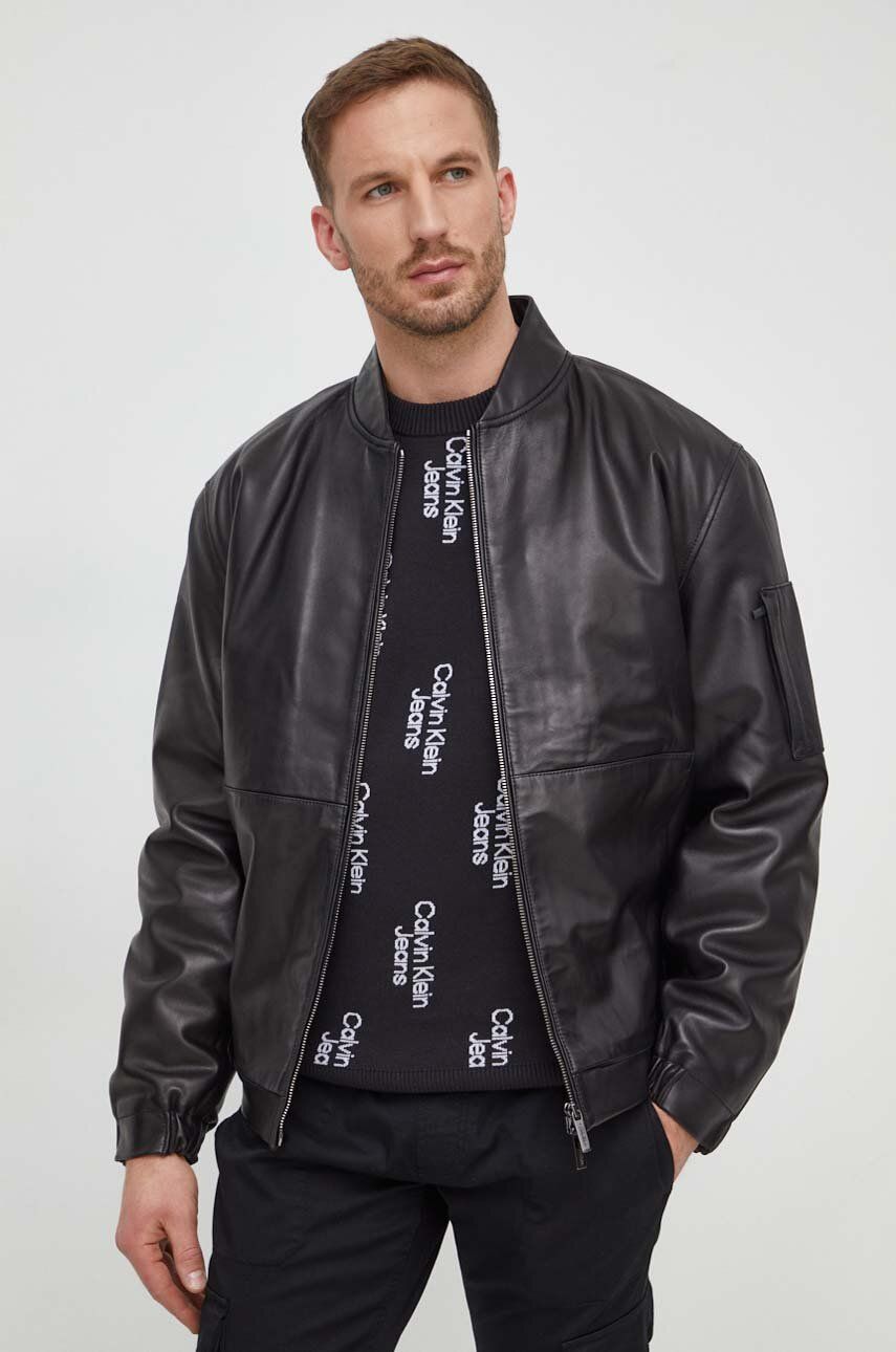 E-shop Kožená bunda Calvin Klein pánská, černá barva, přechodná