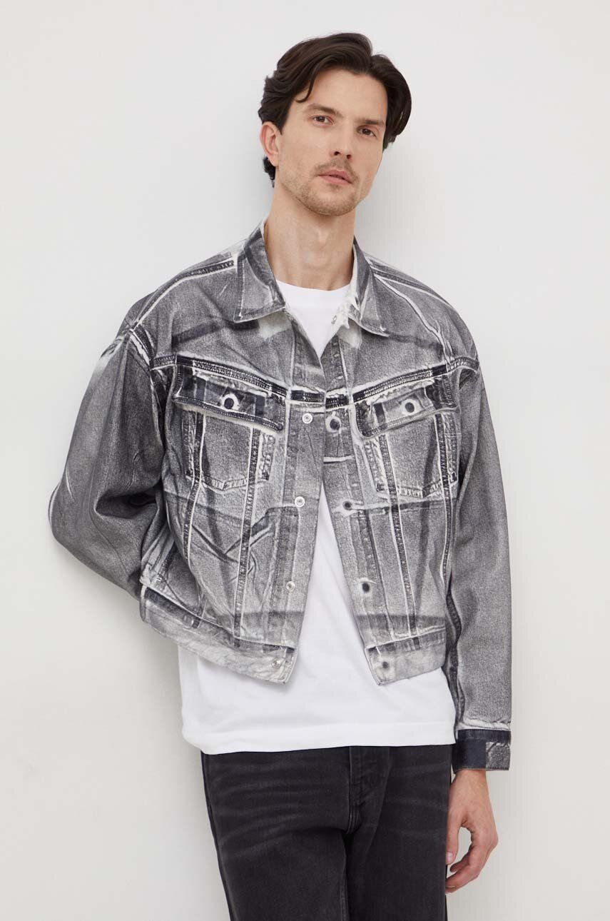 Levně Džínová bunda Calvin Klein Jeans pánská, šedá barva, přechodná, oversize, J30J324971