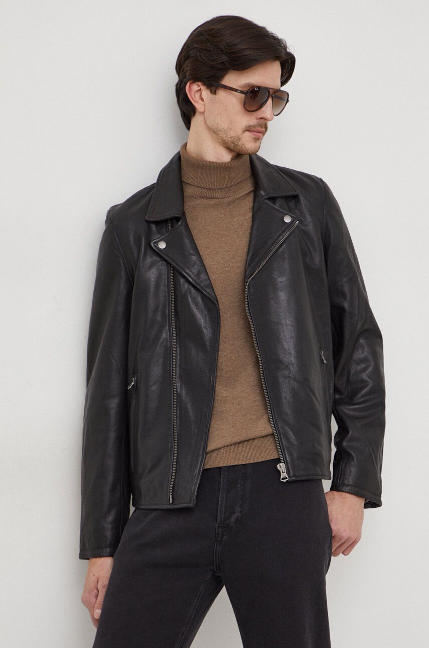 Kožená bunda Pepe Jeans Valen pánská, černá barva, přechodná - černá - Hlavní materiál: 100 % Jehněč