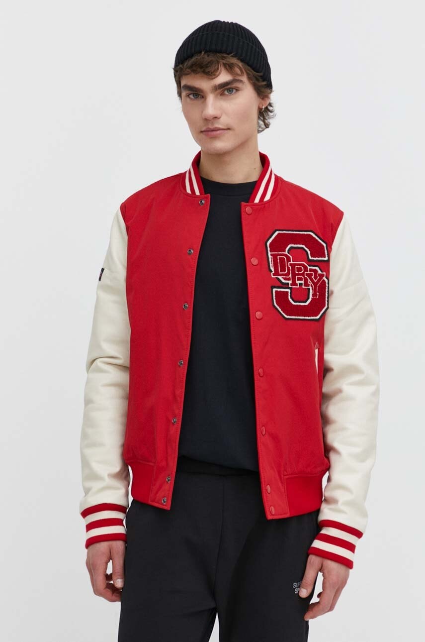 Superdry geaca bomber barbati, culoarea rosu, de iarna