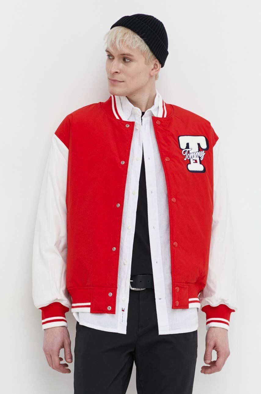 Tommy Jeans geaca bomber barbati, culoarea rosu, de iarna, oversize