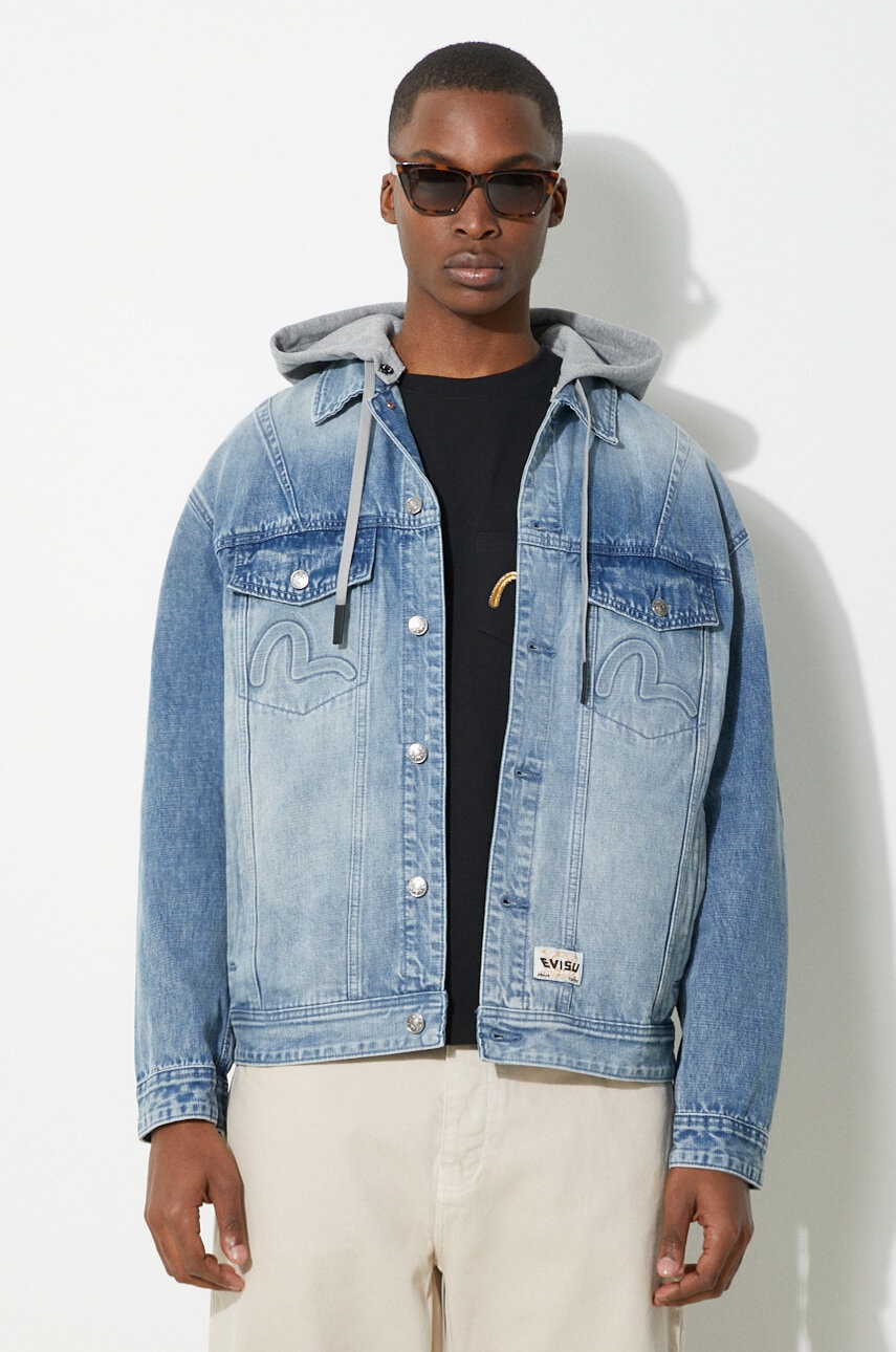 Evisu geacă din denim Seagull & Evisu Embossed bărbați, de tranziție, oversized, 2ESHTM4DJ8080