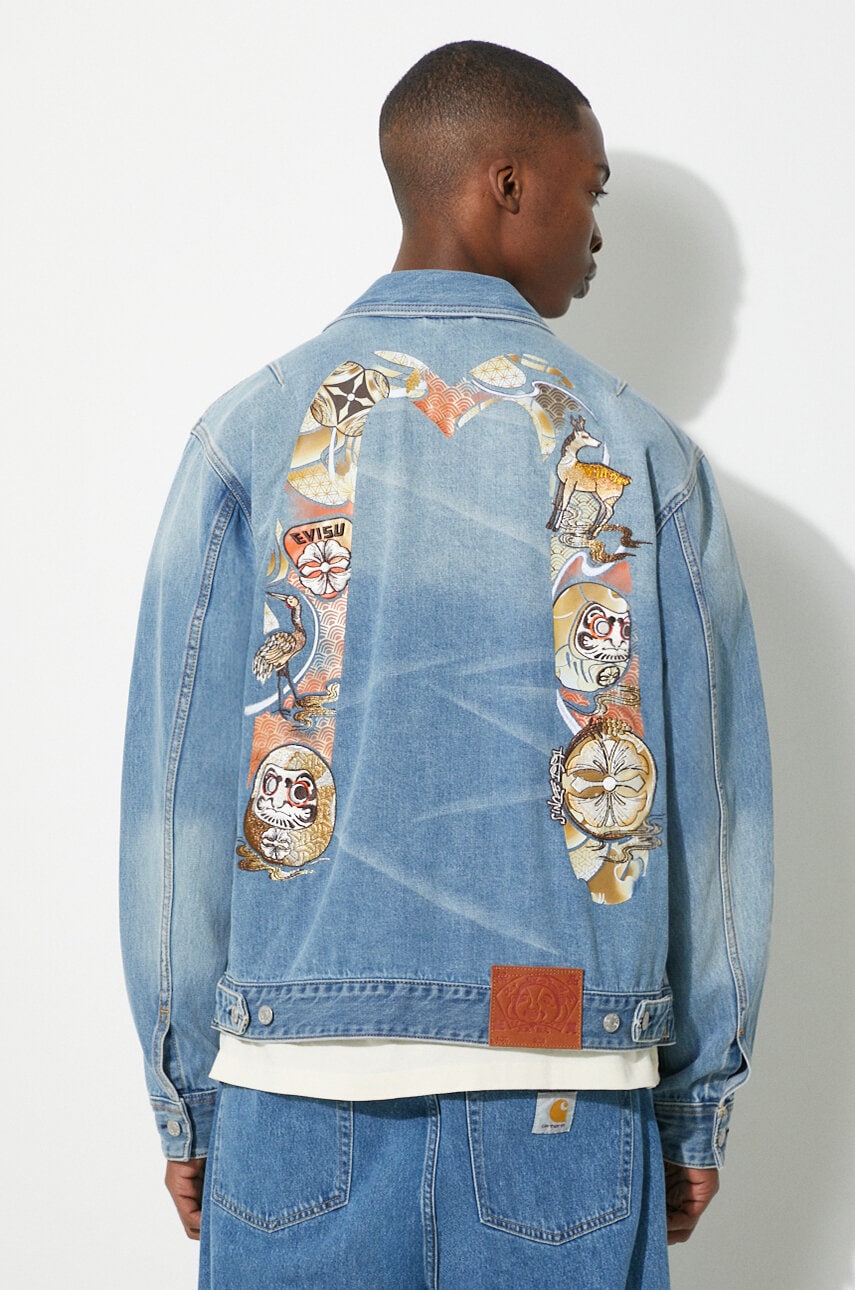 Evisu geacă din denim Hanafuda Daruma Daicock bărbați, de tranziție, oversized, 2ESHTM4DJ1002