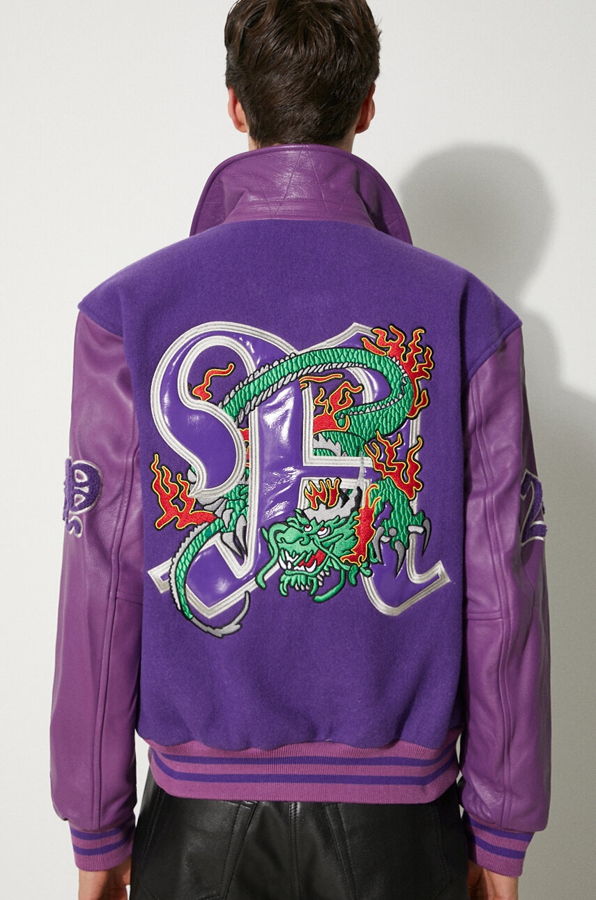 Awake NY geaca de lana Varsity Jacket culoarea violet, de tranzitie, oversize, SP24-OT001