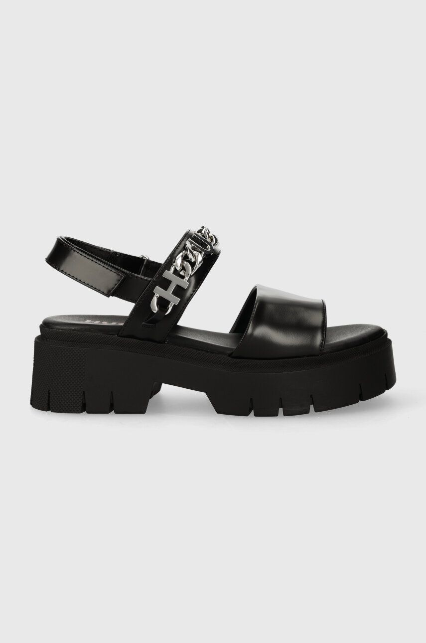 Levně Kožené sandály HUGO KrisSandal dámské, černá barva, na platformě, 50513534