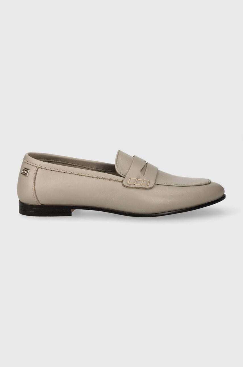 Kožené mokasíny Tommy Hilfiger ESSENTIAL LEATHER LOAFER dámské, béžová barva, na plochém podpatku, FW0FW07769