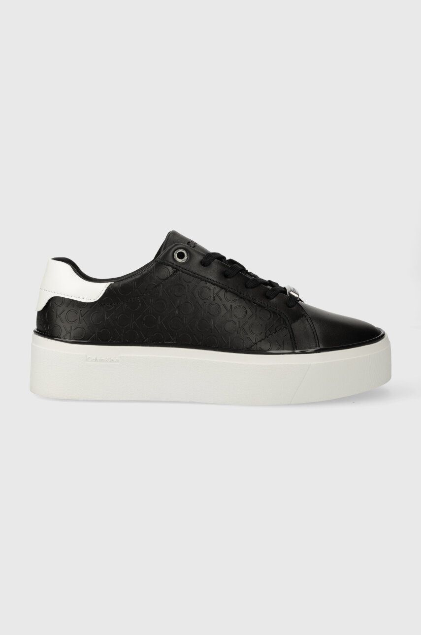Levně Kožené sneakers boty Calvin Klein FLATFORM C LACE UP - MONO MIX černá barva, HW0HW01870