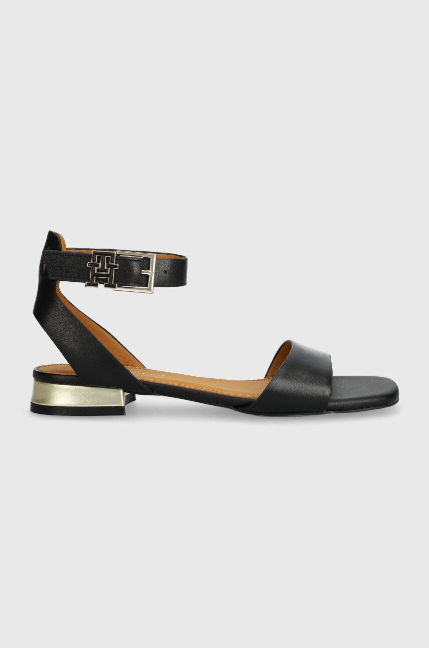 Levně Kožené sandály Tommy Hilfiger TH HARDWARE FLAT SANDAL dámské, černá barva, FW0FW07733