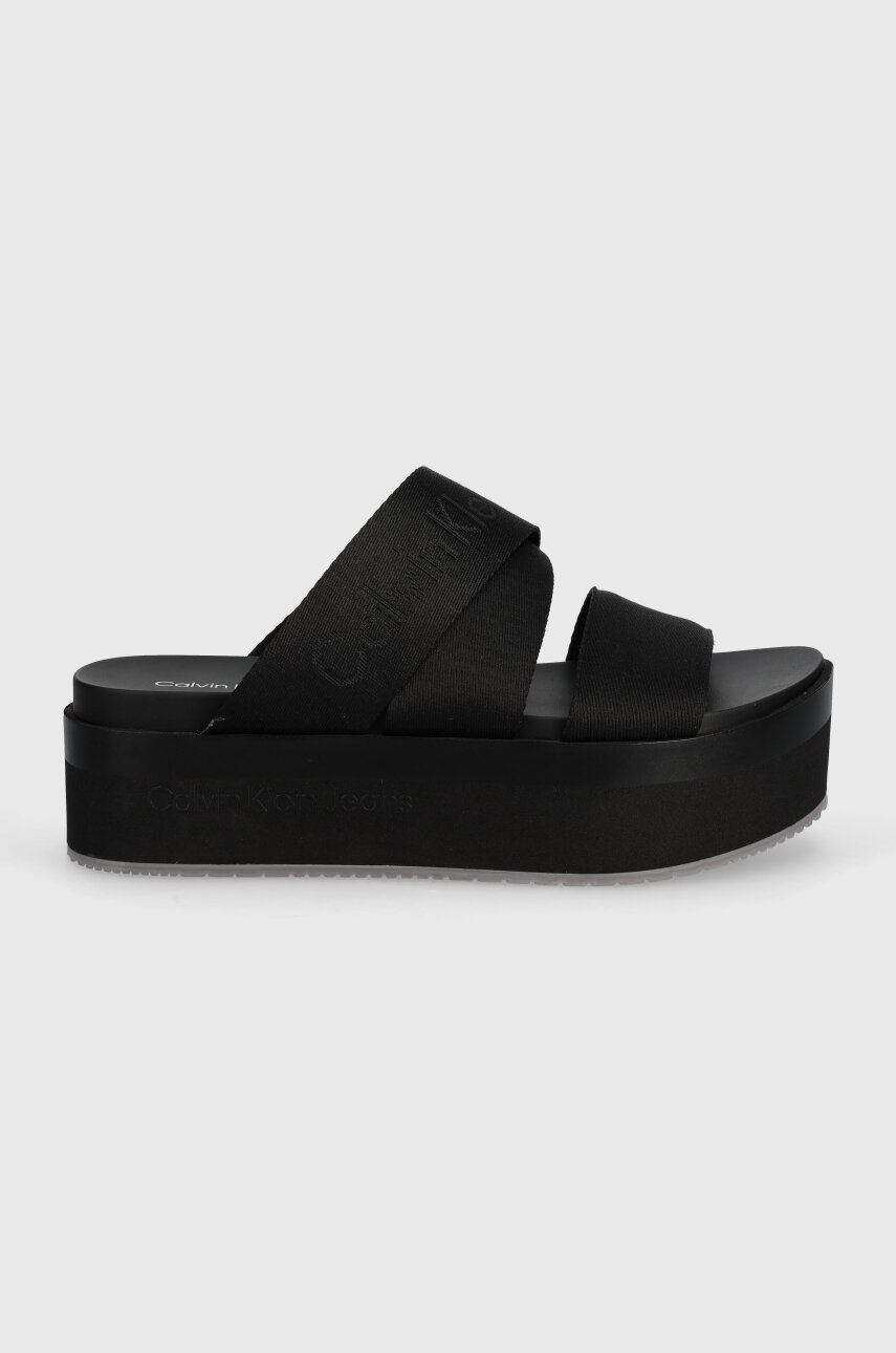 Natikači Calvin Klein Jeans FLATFORM SANDAL WEBBING IN MR ženski, črna Barva, YW0YW01361