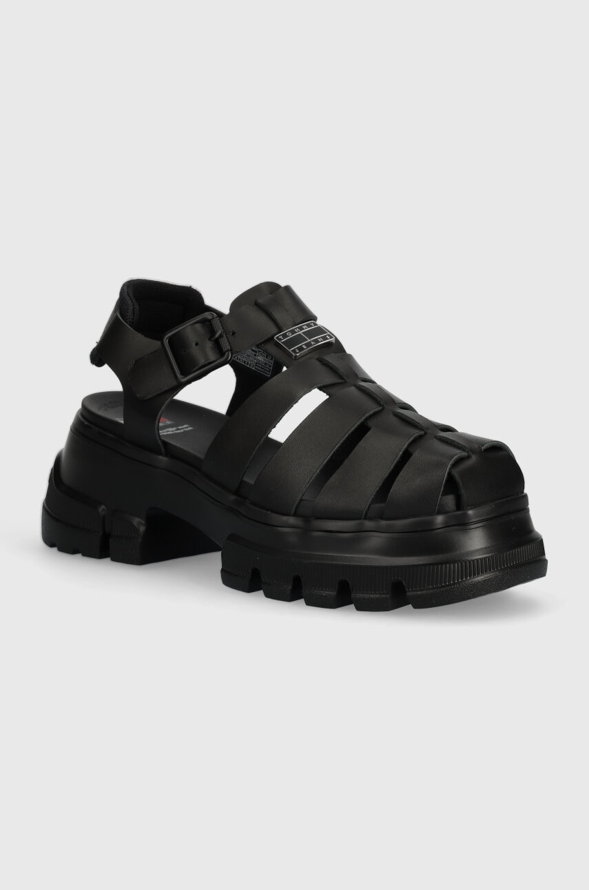 Tommy Jeans sandale de piele TJW FISHERMAN SANDAL femei, culoarea negru, EN0EN02542