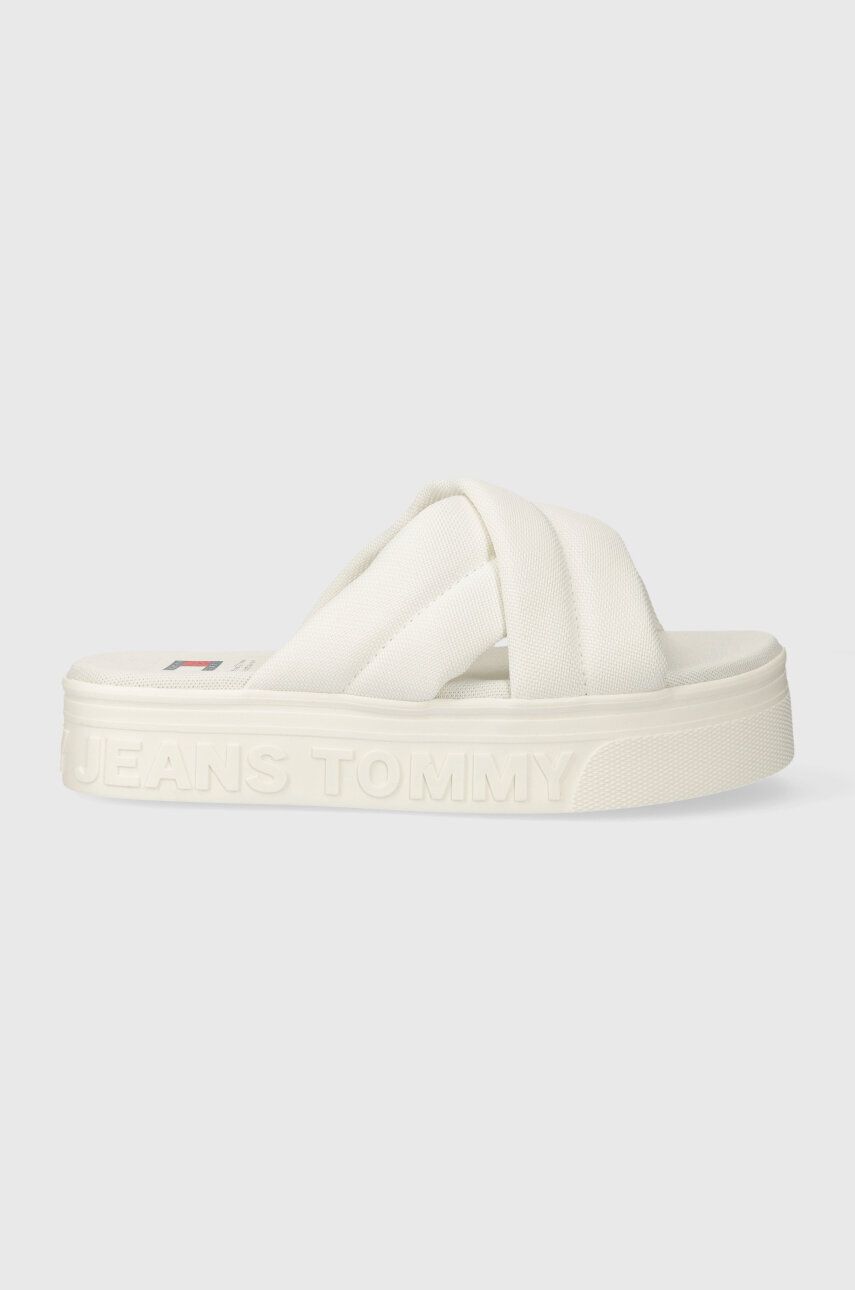 Tommy Jeans papuci TJW LETTERING FLATFORM SANDAL femei, culoarea alb, cu platforma, EN0EN02465