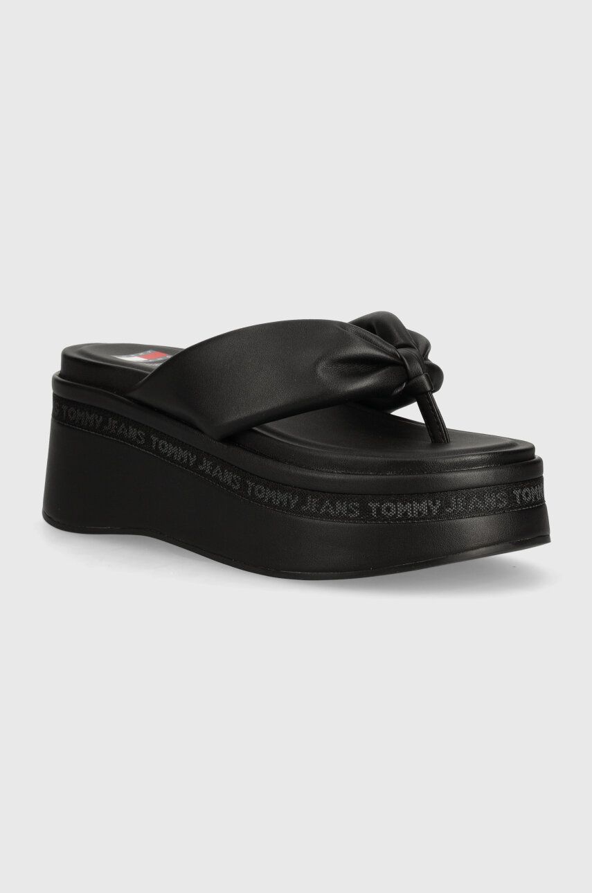 Tommy Jeans slapi TJW WEDGE SANDAL femei, culoarea negru, cu platforma, EN0EN02457