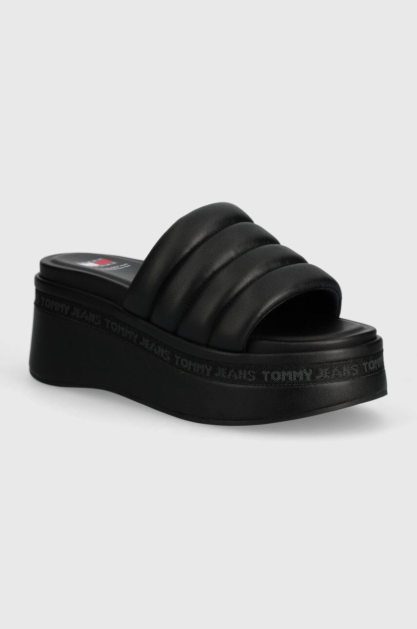 Tommy Jeans papuci TJW WEDGE SANDAL femei, culoarea negru, toc pana, EN0EN02455