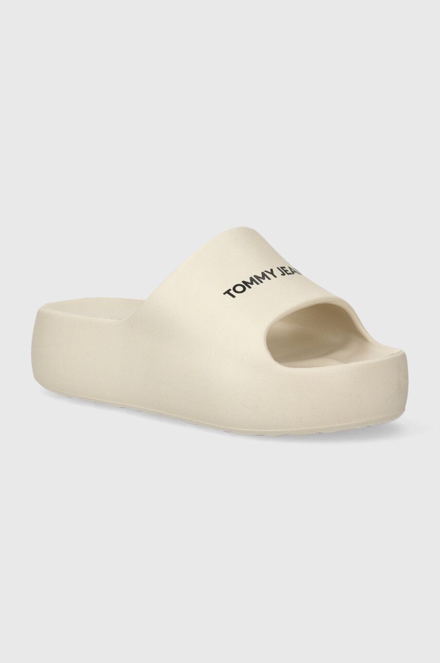 Tommy Jeans papuci TJW CHUNKY FLATFORM SLIDE femei, culoarea bej, cu platforma, EN0EN02454