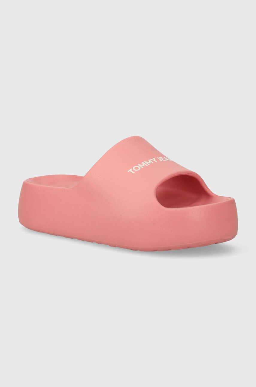 Tommy Jeans papuci TJW CHUNKY FLATFORM SLIDE femei, culoarea roz, cu platforma, EN0EN02454