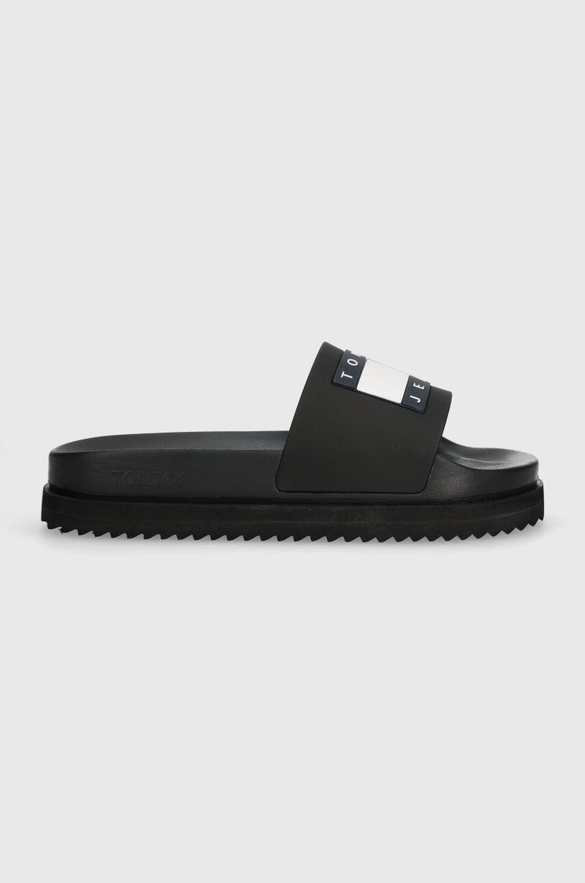 Tommy Jeans papuci TJW ELEVATED FLATFORM SLIDE femei, culoarea negru, cu platforma, EN0EN02451