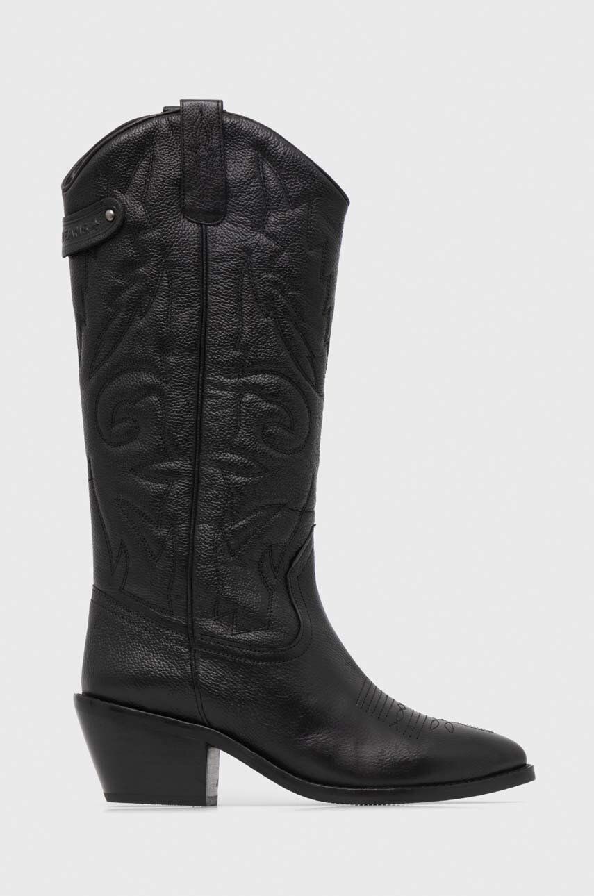 Levně Westernové kožené boty Pepe Jeans APRIL BASS dámské, černá barva, na podpatku, APRIL BASS