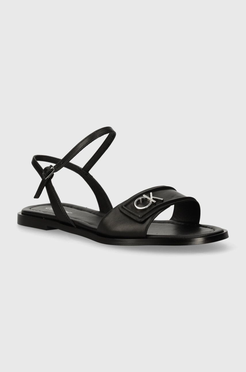 Levně Kožené sandály Calvin Klein FLAT SANDAL RELOCK LTH dámské, černá barva, HW0HW01942
