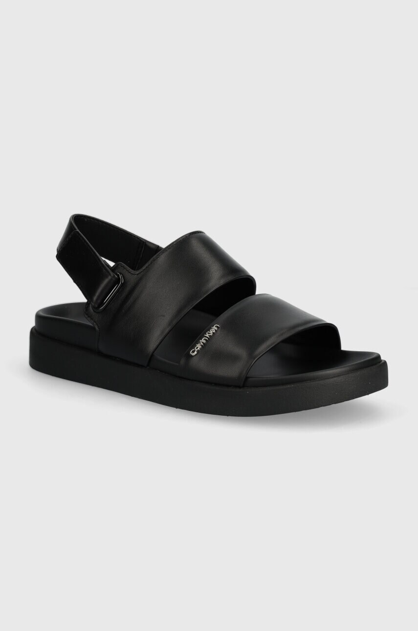 Levně Kožené sandály Calvin Klein FLAT SANDAL CALVIN MTL LTH dámské, černá barva, HW0HW01984