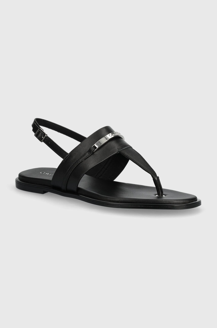 

Кожени сандали Calvin Klein FLAT TP SANDAL METAL BAR LTH в черно HW0HW02031, Черен