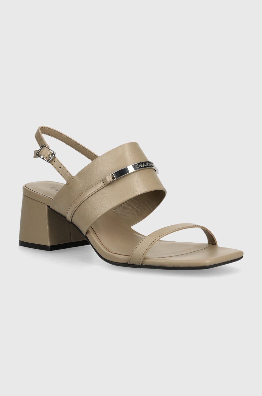 Levně Kožené sandály Calvin Klein HEEL SANDAL 45 MET BAR LTH béžová barva, HW0HW02056
