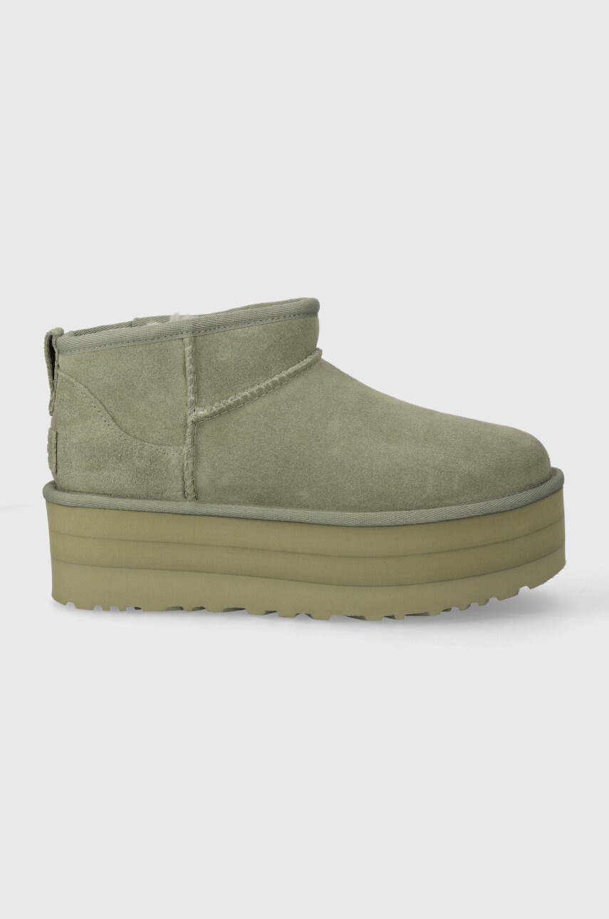 UGG cizme de zăpadă din piele întoarsă Classic Ultra Mini Platform culoarea verde, 1135092