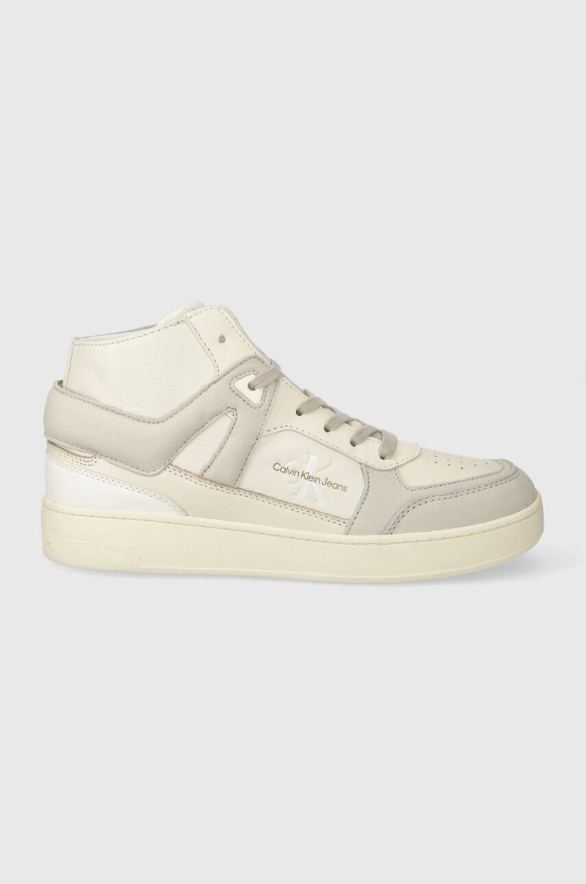 Levně Kožené tenisky Calvin Klein Jeans BASKET CUPSOLE MID LTH ML FAD béžová barva, YM0YM00883