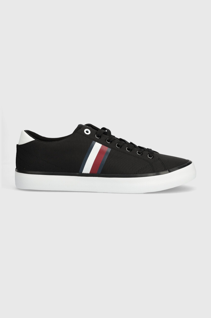 Levně Tenisky Tommy Hilfiger TH HI VULC LOW STRIPES MESH pánské, černá barva, FM0FM04946