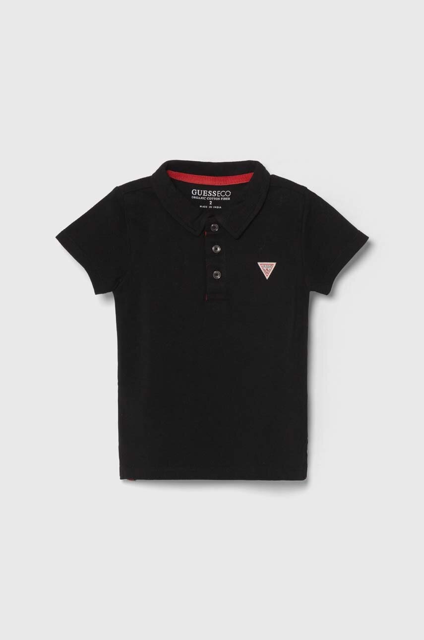 

Детска памучна тениска с яка Guess в черно с изчистен дизайн, Черен