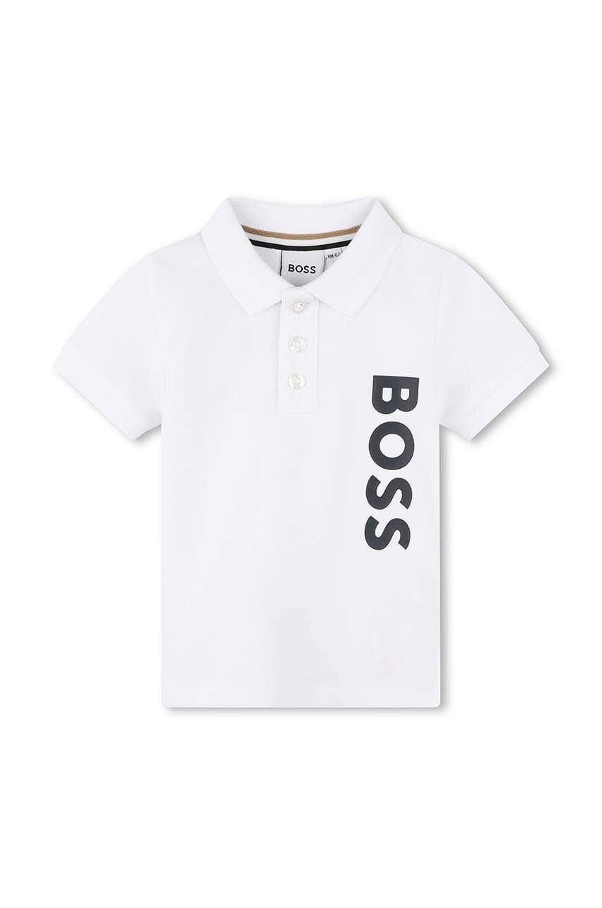 

Бебешка памучна тениска с яка BOSS в бяло с принт, Бял