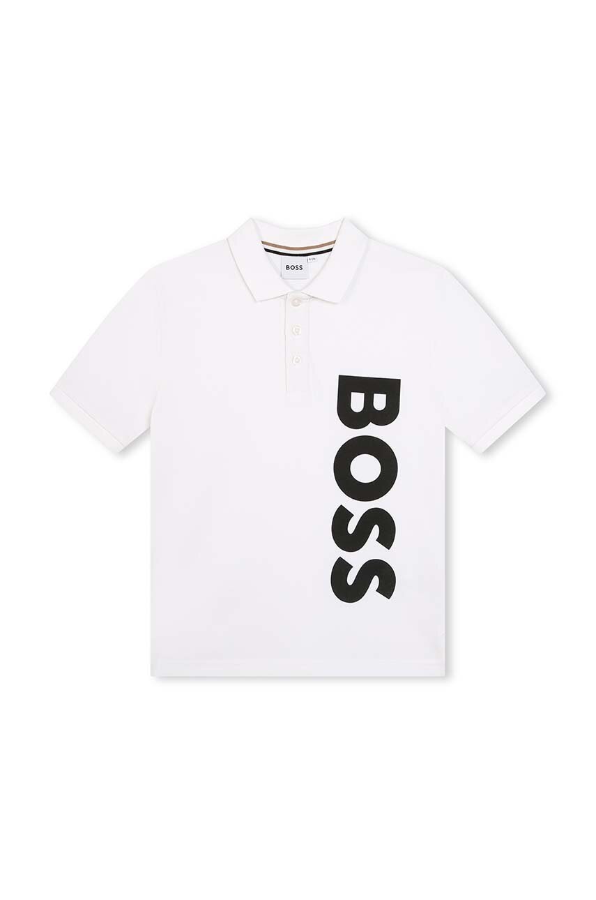 

Детска памучна тениска с яка BOSS в бяло с принт, Бял