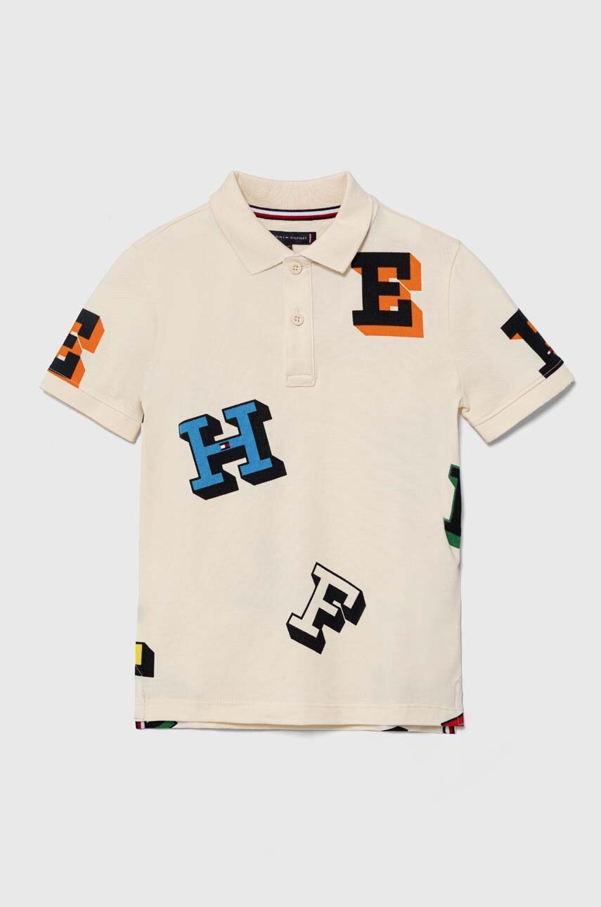 

Детска памучна тениска с яка Tommy Hilfiger в бежово с десен, Бежов