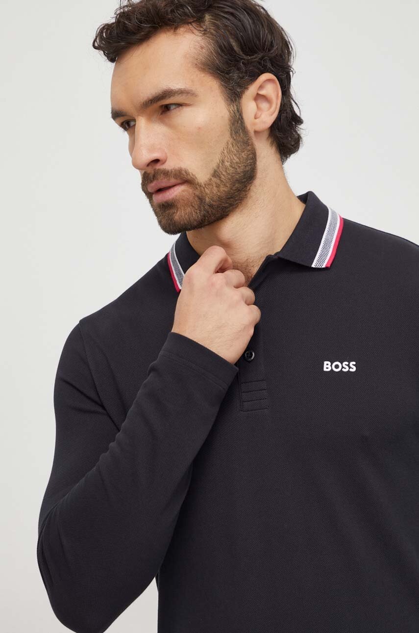 Бавовняний лонгслів Boss Green колір чорний з аплікацією 50506191 
