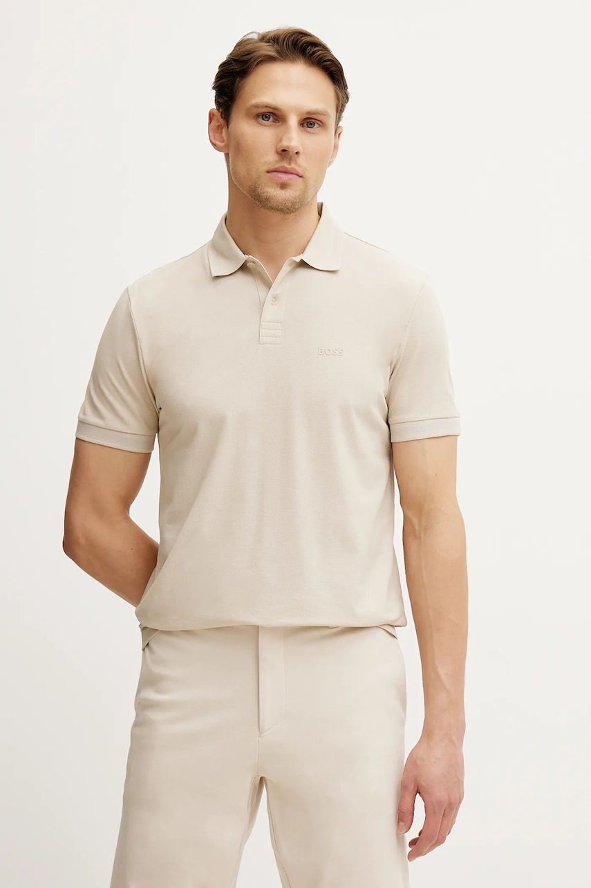 BOSS Green polo de bumbac culoarea bej, neted BOSS Green polo de bumbac culoarea bej, neted