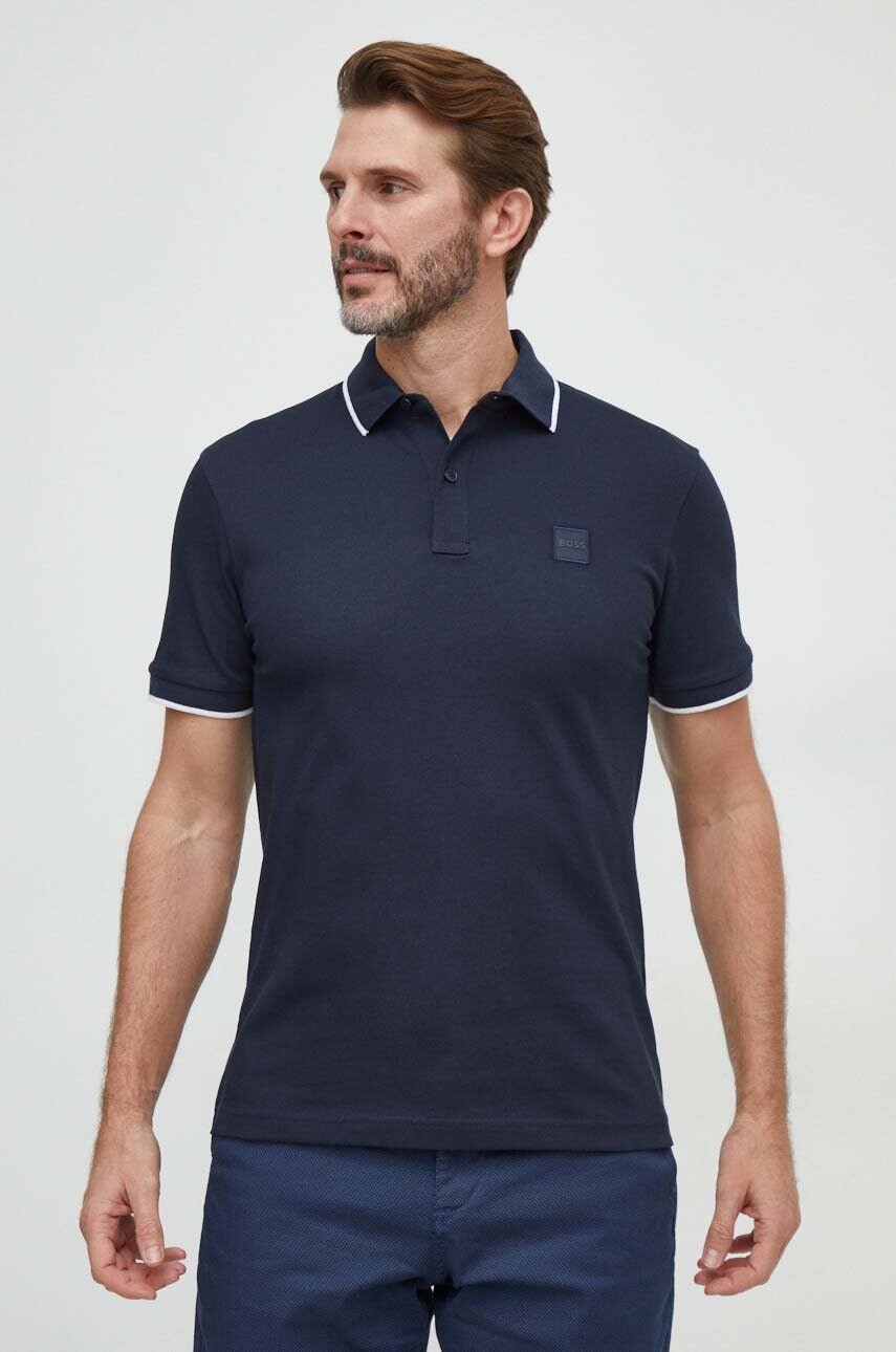 Boss Orange tricou polo barbati, culoarea albastru marin, neted